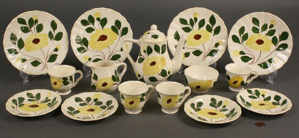 Blue Ridge child's tea set, "Yellow Nocturne", 15 : Blue Ridge porcelain (Erwin, Tennessee) child's tea set for four, "Yellow Nocturne" Pattern. Set includes teapot with lid (6.5" H), 4 cups (2.25" H), 4 saucers (5" D), sugar (2" H) and creamer(3" H) a