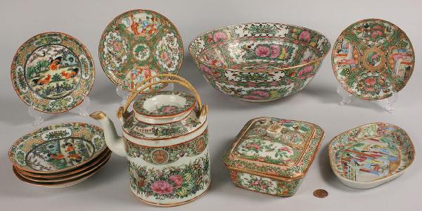 Group of Rose Medallion Porcelain: Group of Rose Medallion Porcelain. 1st item: Bowl, 3 1/2" H x 10" D, good condition, mid-20th century. 2nd item: Tea kettle with lid, good condition, 5" H x 4 1/2" D, mid-20th century. 3rd item: Box w