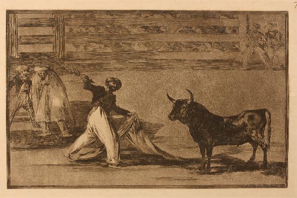 Aquatint Etching after Francisco de Goya: Aquatint etching after Francisco de Goya (Spanish, 1746-1828), pencil titled "Origin of the banderillas" (Plate 7 of La Tauromaquia). Pencil inscription lower right, "LD 230 IV Loizelet ed. 1876" Very