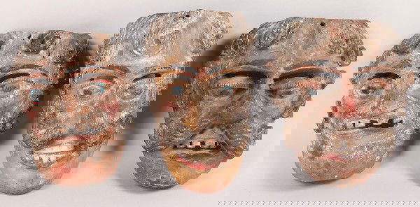 Lot of 3 Mexican Folk Art Dance Masks, male human: Mexican folk art Moor dance masks, consisting of 3 male human form faces with polychrome paint. Two having a handlebar mustache, all have blue eyes. Ranging in size 8 1/2" - 9" H. 20th century. Deacce