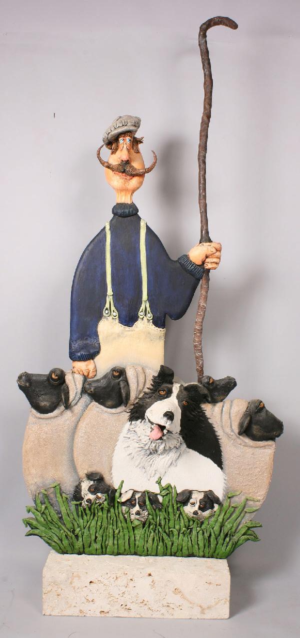 Todd Warner Sculpture: Todd Warner (American, 20th century) whimsical sculpture of shepherd with sheep and border collie with her three puppies. This original piece was commissioned by the owner and incorporates her own pet