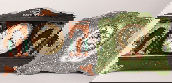 Lot of Two Clocks, Mantle & French Style: Lot of 2, Mantle and French style clocks. 1st item - Black lacquer mantle clock with classical figures and columns flanking brass encased clock face. Brass works, gong chime. Marked "Made by the Sessi