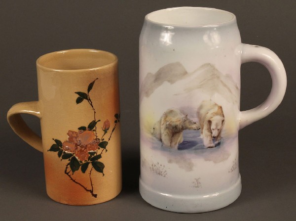 Lot of 2 Pottery Mugs: Lot of Two Pottery Mugs. 1st item - Royal Bayreuth Pottery Stein with handpainted images of two polar bears in an Arctic setting. Stamped "Royal Bayreuth, Bavaria" on base. Some firing imperfections a