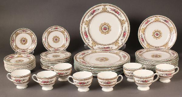 Wedgewood China, Columbia Pattern, Service for 8: Set of Wedgewood China, Columbia Pattern, service for 8. 40 total pieces. White ground with enameled floral decoration, green trim with center design. Condition - 1 bread plate, 1 dinner plate and 3 l