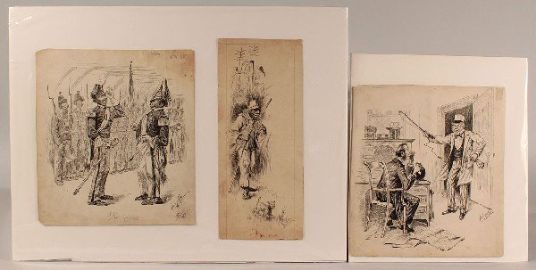 5 Ink Drawings, Keppler, Taylor, Dalrymple: Lot of 5 ink on paper drawings. 1st item: Joseph Ferdinand Keppler (1838-1894), founder and cartoonist for "Puck", the English humor journal, cartoon drawing of "Tariff for Craft Only", scattered foxi