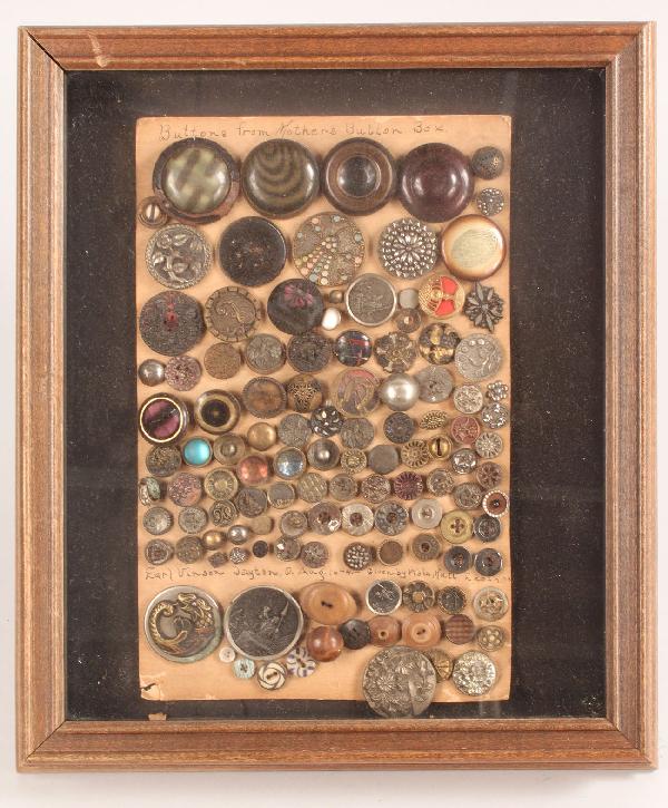 Framed Vintage Button Collection, 100+ pcs.: Framed Vintage Button Collection, 100+ pieces. Buttons are mounted on thick paper with the description "Buttons from Mothers Button Box" and "Earl Vinson, Dayton, OH Aug-16-41-Given by Viola Hull, Leb