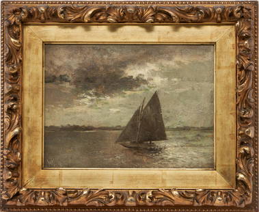 Attr. William H. Shelton O/C Seascape: Attributed to William Henry Shelton (New York, 1840 - 1932) small oil on canvas seascape painting depicting a sailboat under a darkening sky. Initialed "W.H.S." lower left. Painting professionally con