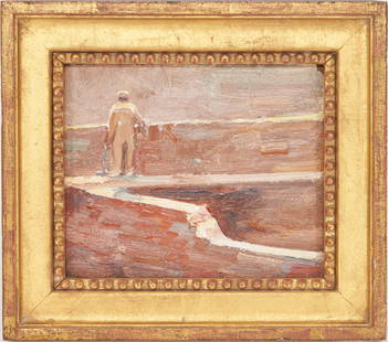 Small Emil Carlsen O/B Painting: Emil Carlsen (Danish-American, 1853-1932) small oil on board impressionist painting of a figure walking along a coastline. Estate stamp en verso. Housed in a molded giltwood frame with beaded rabbet