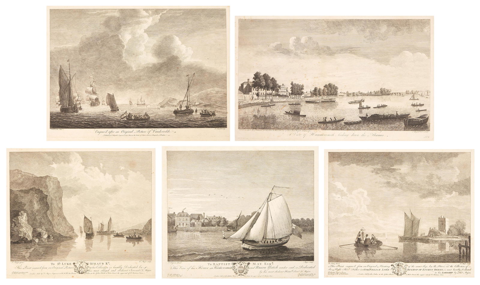 5 18th Cent. Marine Engravings, incl. T. Major, J.: Five (5) English copperplate engravings depicting maritime scenes, including three (3) by Thomas Major (United Kingdom, 1720-1799) and two (2) by John Boydell (United Kingdom, 1720-1804), after variou