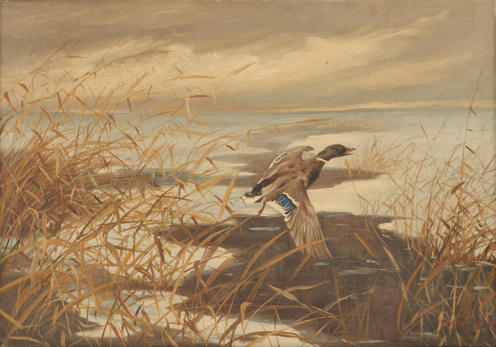 Oil on Canvas Marsh Landscape Painting with Duck, (1 of 7)