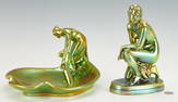 Two (2) Zsolnay Iridescent Green Eosin Figural Ceramic