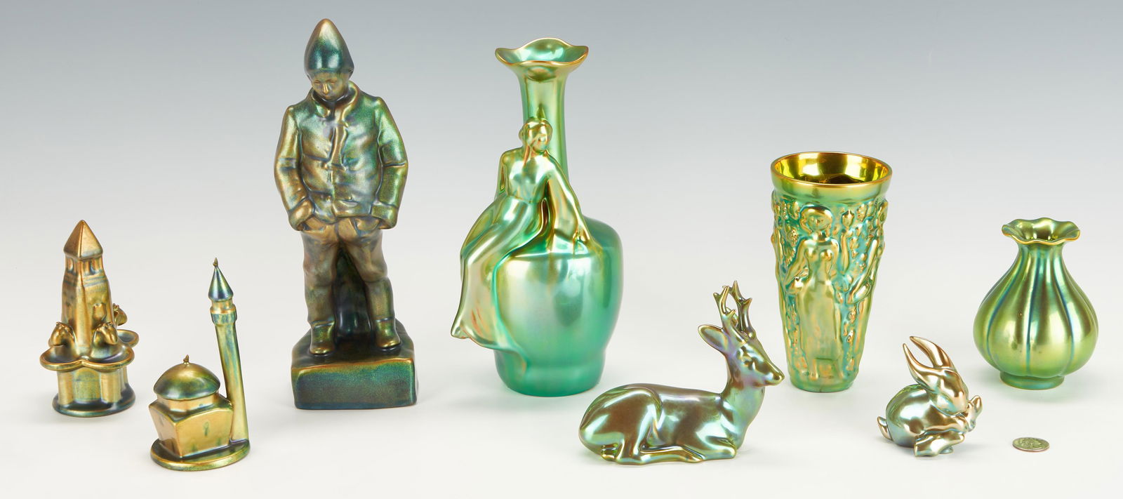 Eight (8) Zsolnay Iridescent Green Eosin Ceramic Items (1 of 18)