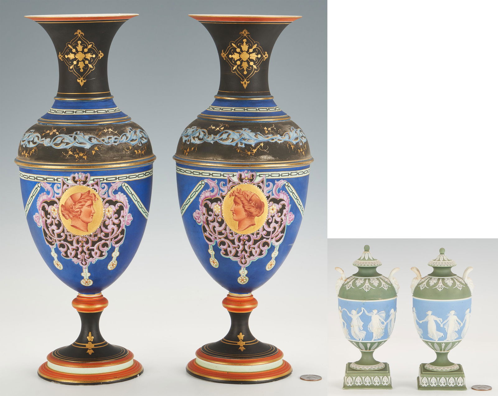 2 Pairs Urns: Jean Gille and Wedgwood Tri-Color (1 of 20)