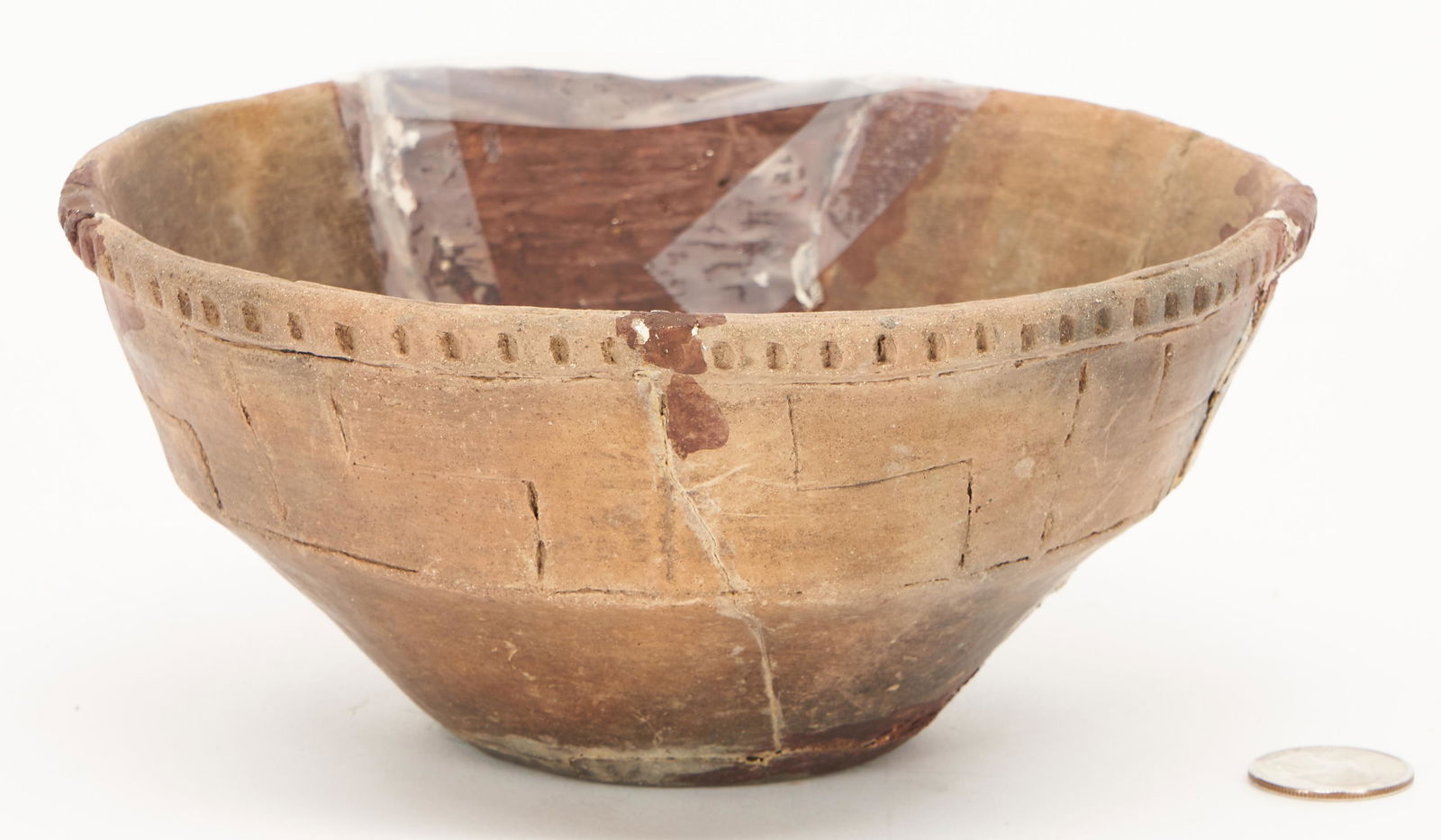 Rare Yokena pottery bowl, Mississippi Native American: Rare Yokena Native American pottery bowl, found in Warren County, Mississippi, near Vicksburg, 3" H x 7" diameter. The Estate of David B. Person, Holly Springs, Mississippi.