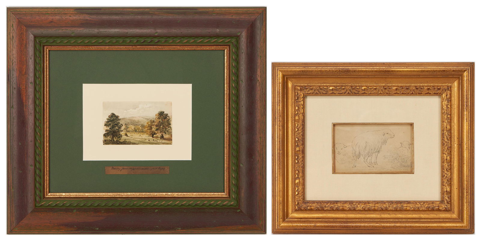 19th C. Drawing of Sheep plus Pastoral Watercolor (1 of 10)