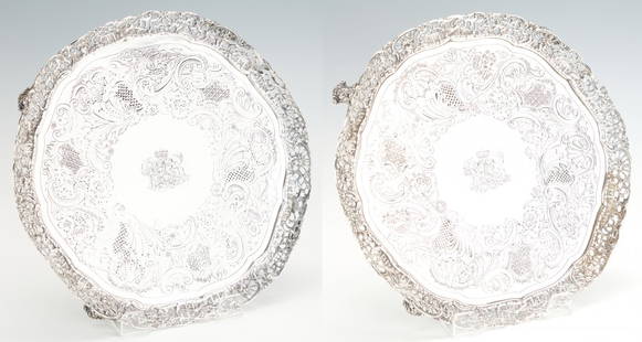 Pair George III Paul Storr Sterling Salvers or Platters: Pair of English sterling silver trays or salvers hallmarked for Paul Storr, London, 1808. Each of circular form with scalloped openwork rim in the manner of Paul de Lamerie, with foliate and shell eng