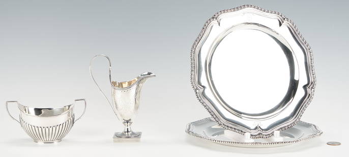 4 pcs. English Sterling Hollowware, incl. Hester: Four (4) English sterling silver hollowware pieces, including one (1) creamer with tall C-shaped handle, beaded rim, cabochon and foliate design, and plinth base, hallmarked for Hester Bateman, London