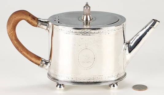 Hester Bateman Sterling Silver Tea Pot: Hester Bateman English 18th century sterling silver teapot of ovoid form, rim and body with bright-cut diamond bands to top and base, central oval cartouche with armorial engraving, beaded base edge,