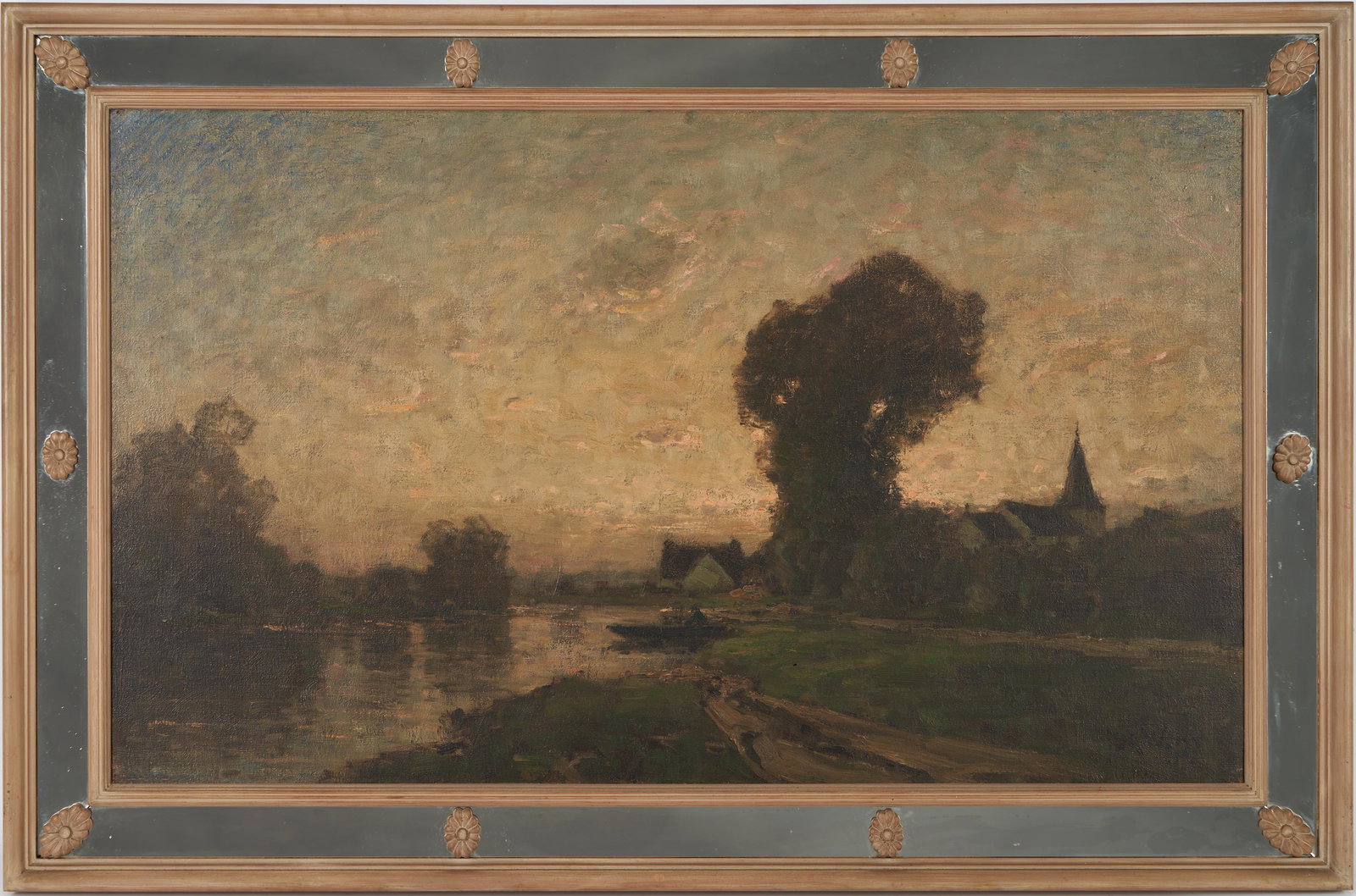 Jose Weiss O/C Barbizon style Landscape, Village of Bur: Joseph Vincent Nicholas Francis Weiss (English/French, 1859-1919), known as Jose Weiss, oil on canvas landscape painting depicting boats moored along the bank of the River Arun adjacent to the village