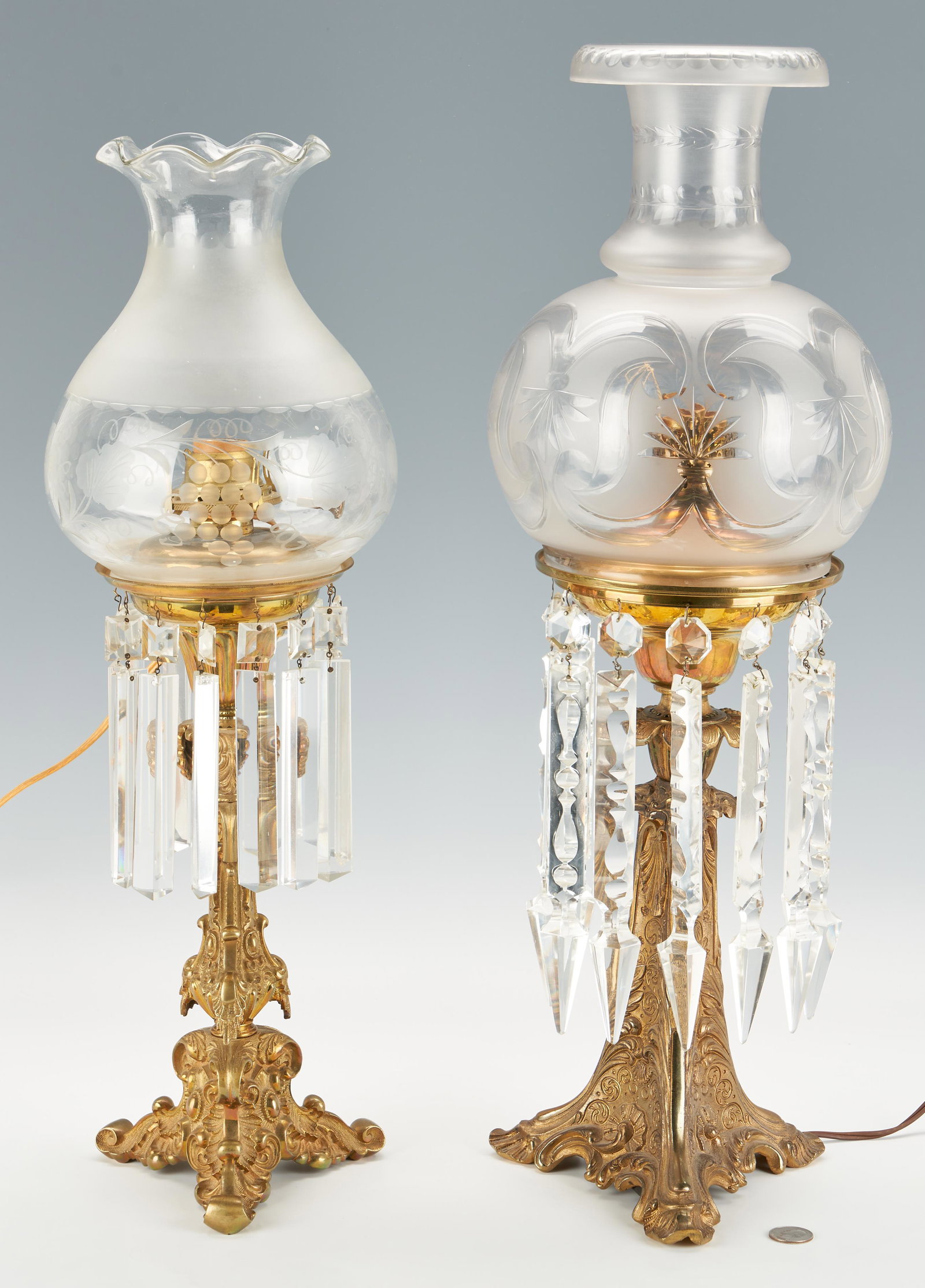 Two Gilt Brass Astral Lamps w/ Shades & Prisms (1 of 9)