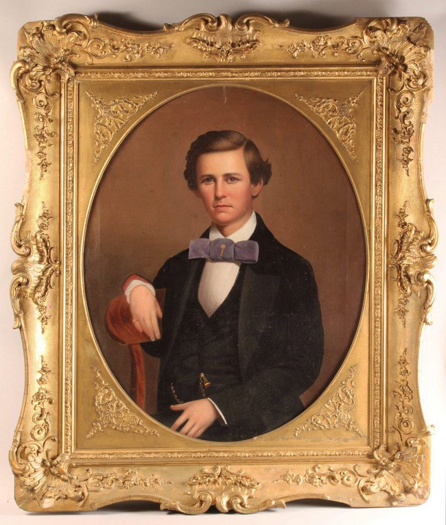 Alabama portrait, oil on canvas, 19th century: Southern school portrait, oil on canvas, of William Hardie Timmons of Madison County, AL (1839-1906). Unsigned, but bears similarities to the work of Joseph Thoits Moore, who along with William Frye a