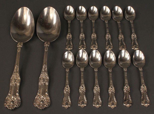 Frank Smith & Hope Bros. silver flatware, 14 pcs: Lot of 14 pieces of Frank Smith "Federal Cotillion" pattern sterling flatware, tablespoons with retailer mark for Hope Brothers (working Knoxville, circa 1900). Includes 2 tablespoons (8" L) and 12 de