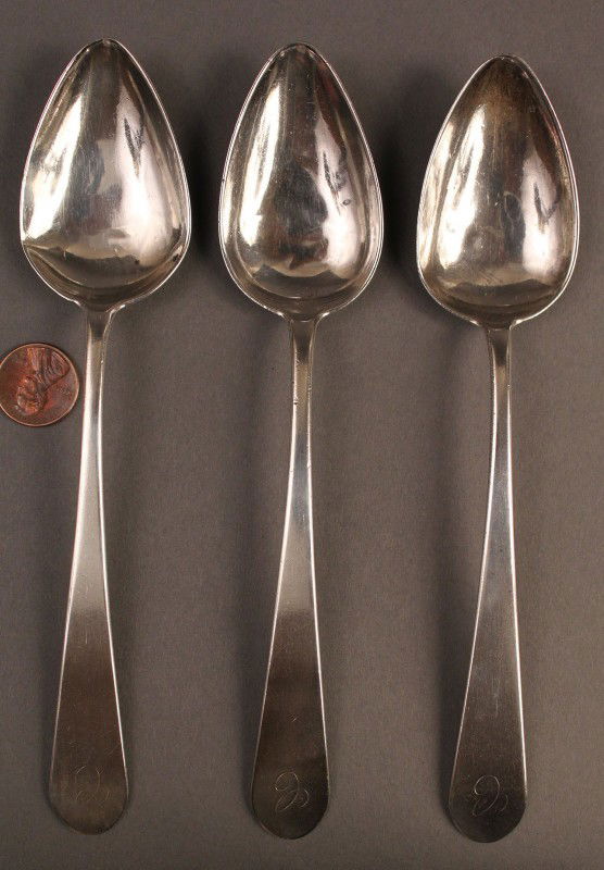 3 Virginia Coin Silver Spoons, Wm. Richardson: Lot of 3 Virginia coin silver tablespoons, oval downturned handle with marks for William Richardson (Richmond, Virginia, working 1777-1809). Monogrammed "C." Overall very good condition with minor pit