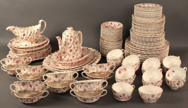 Copeland Spode dinnerware, Rosebud Chintz pattern,: Copeland Spode porcelain ware, Rosebud Chintz pattern, 121 pieces including 13 dinner plates, 13 dessert plates, 13 salad plates, 12 soups and 13 underplates, 15 cups with 18 saucers, 14 berry/dessert