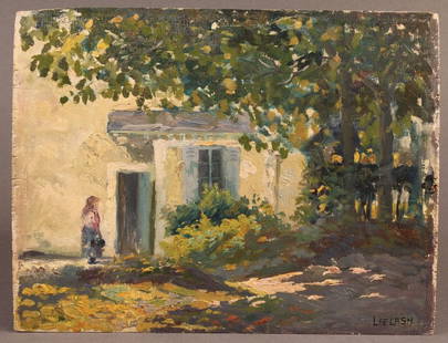 Lee Lash Oil on Board, Cottage Scene: Oil on board painting by Lee Lash (American, 1864-1935). Impressionist cottage scene. Signed lower right. Condition: Unframed with some warping to board. Minor abrasions to edges. 7-1/4" H x 9-1/2" W.