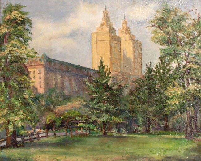 Oil on board, New York cityscape, San Remo Towers: "San Remo Towers from Central Park," framed oil on board painting, signed lower right Belle Bauman (20th c.). Carved wooden frame with light gilt wash by Clarence Stringfield (Nashville, Tennessee car