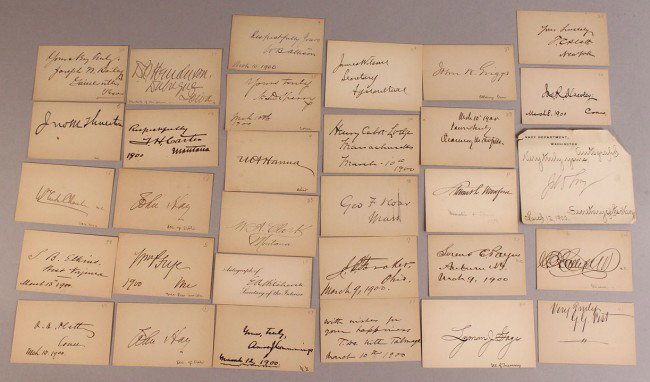 Lot of 31 American political autographed cards, c.: Grouping of 31 American political autographs including Henry Cabot Lodge, two signed cards by Secretary of State John Hay, Secretary of the Navy John D. Long, U.S. Attorney General John W. Griggs, Sec