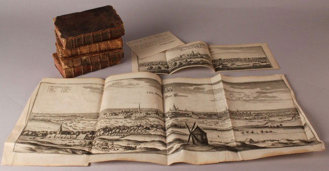 2 German Maps and 4 French books, 18th c.: Lot of 6 European books & documents. 1ST ITEM: Two German maps, one depicting the Kingdom of Hanover and the other depicting a German village with central school and church. Both retailed by Franz LaF