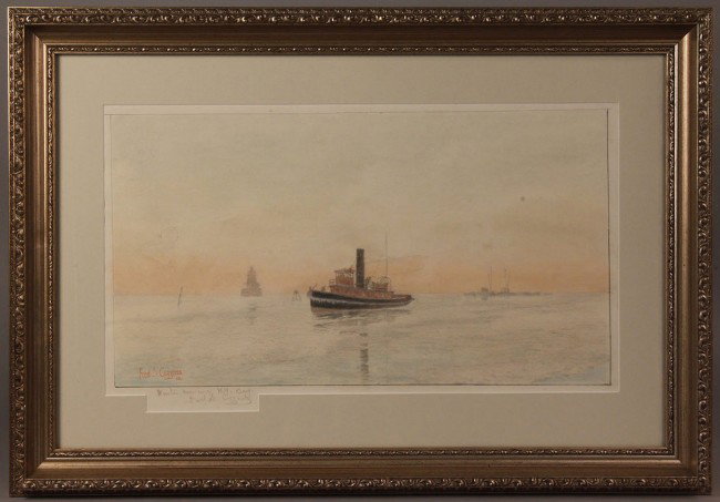 Fred Cozzens, "Winter Evening, NY Bay" : Fred Schiller Cozzens (American, 1846-1928) watercolor and pastel painting titled " Winter Evening, N.Y. Bay" depiciting tugboats and buoy at sunset. Signed and dated lower left in red pencil "Fred S.