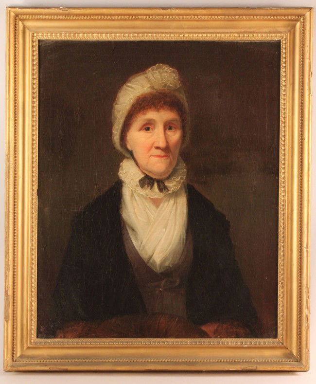 Attr. John Wesley Jarvis, portrait of Eva White: Oil on canvas portrait attributed John Wesley Jarvis (1780-1840). Portrait of Eva Van Cortlandt White (1736-1836). Subject has auburn hair and is dressed in lace cap and collar with black shawl. Eva V