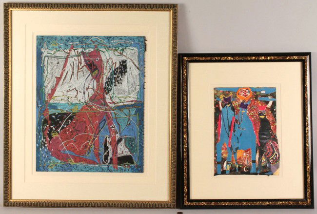 Lot of 2 Josette Urso art works: Lot of two (2) works by Josette Urso (NY/FL, 20th century). 1ST ITEM: Mixed media collage abstract mounted on silk, signed by artist in pencil lower right. Very good condition. Frame: 17-3/4" W x 20-3