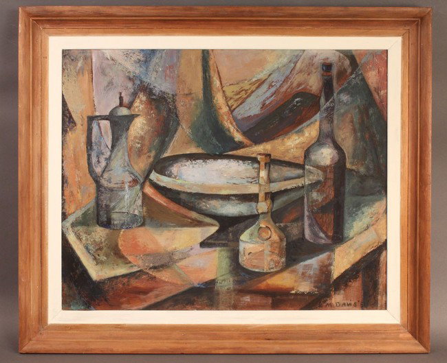 Abstract still life painting, M. Davis, 1951 : Still life abstract oil on board, signed and dated lower right, "M. Davis '51", possibly East TN artist. Sight: 29-1/2" W x 23-1/2" H. Framed: 36-3/4" W x 31" H. Estate of Katherine Bacon, Knoxville, 