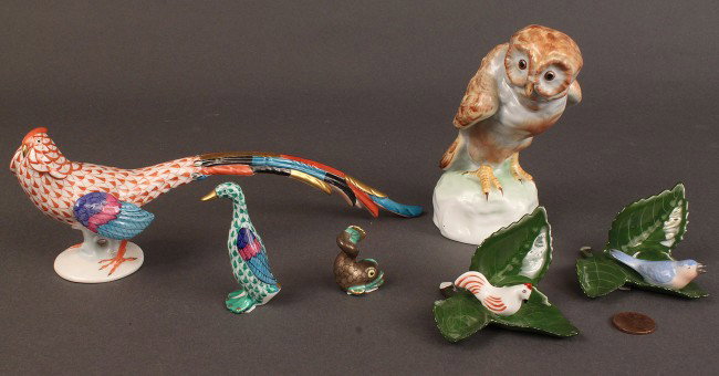 Lot of 6 Herend figurines: Lot of 6 Herend figurines including an owl, rust-colored pheasant, green duck, koi fish, 2 bird place card holders, from 1-1/4" H to 4-3/4" H. Excellent condition. 20th century. Provenance: Knoxville,