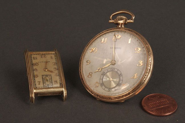 14K Longines Pocket Watch & Hamilton watch: 1ST ITEM: 14K marked yellow gold Longines Watch Co. open face pocket watch,17 jewel, serial number 4871307, with Arabic numerals, monogrammed "DMS", appears to be in working order, 2-1/8" L. 2ND ITEM:
