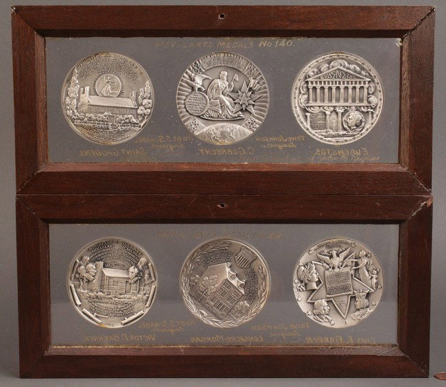 6 Commemorative Restrike Silver Medals, Tovio John: Lot of 6 historical restrike silver medals issued by the Metal Arts Company, designed by Tovio Johnson and engraved by Robert Schabel, commemorating Gaudens, Gobrecht, Euaenetos, Barber, Longacre-Morg