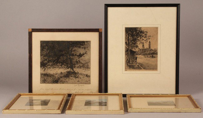 Wallace Nutting photos and etchings (5 items): Lot of 5 Wallace Nutting photos and etchings. 1ST ITEM: 3 small Wallace Nutting hand-colored landscape photographs, signed in pencil, good condition with some foxing to matting. Images: 2-3/4" to 3-1/