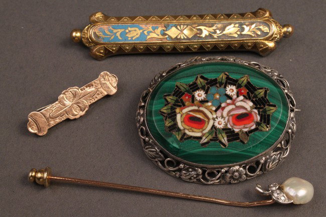 Lot of 4 antique brooches & pins: Lot of 4 antique brooches (aka: broach) & pins. 1ST ITEM: Oval brooch, Micromosaic floral pattern with filigree mount marked sterling, 1-3/4" length. 2ND ITEM: Victorian gold pin with floral and ename