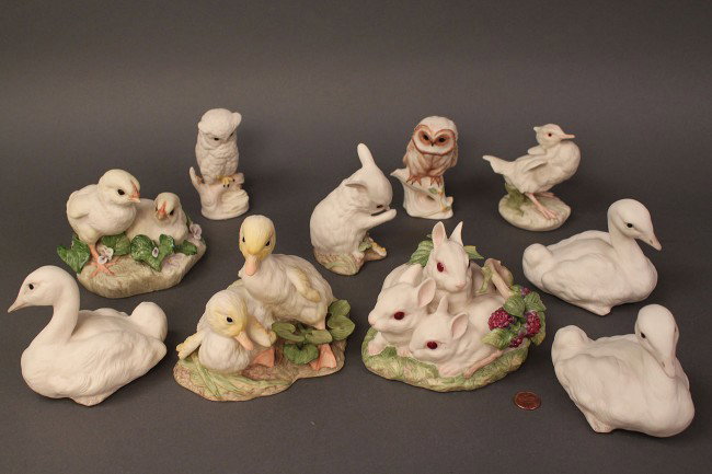 Lot of 10 Cybis figures, Birds & Bunnies: Lot of 10 Cybis figures, Birds & Bunnies: Ducklings "Buttercup & Daffodil;" Baby Owl; Owl "Woody;" Baby Chicks "Dawny & Lemon;" Bunnies "Cotton, Puff & Snow;" Swan Baby Signet (x3); Bunny "Pat A Cake"
