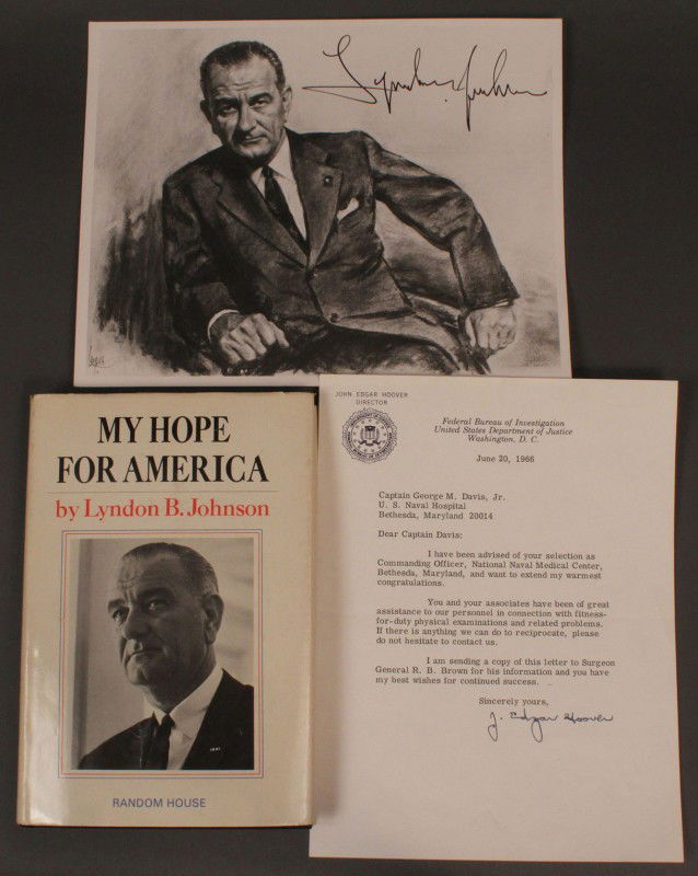 L.B. Johnson & J.E. Hoover signed items, 3 pcs: Lot of 3 items including autographed Lyndon Johnson book, signed photographic print of Lyndon Johnson, and signed letter from J. Edgar Hoover. 1ST ITEM: Autographed copy of "My Hope for America" by Ly