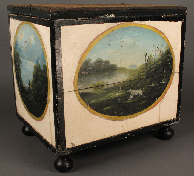 Folk Art Footstool w/ Painted Vignette Scenes: Folk Art footstool square wooden hinged storage box or footstool on ball feet with regional landscape vignettes painted on each side. Red painted interior with advertising stenciling for "The Valentin