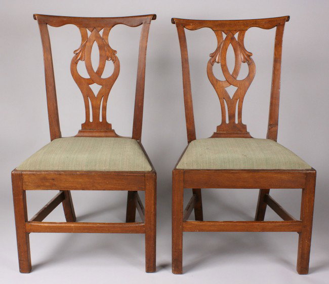 Pair of British Chippendale Side Chairs w/ MESDA : Pair of British walnut Chippendale side chairs, straight crest rails with lobate shaping below and carved paperscrolls at the ears, pierced and carved back splats with eight voids, straight seat rails