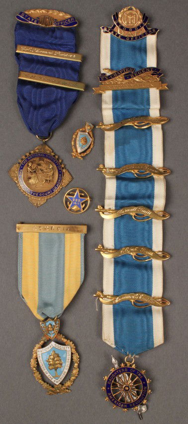 Lot of 5 DAR & other 14K & 10K Medals: Lot of 5 gold Medals and Pins, 14K and 10K by J.E. Caldwell Co., all named to Maude Saxon Hay, Georgia chapter. 1ST ITEM: 14K & 10K DAR medals on blue and white ribbon #25279. 9 1/4" L. 2ND ITEM: 14K