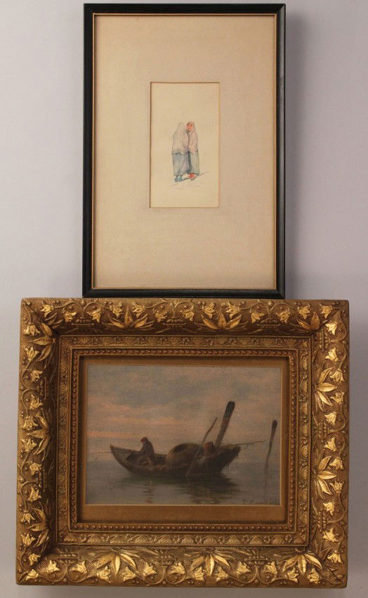 Lot of 2 Thomas Campbell paintings: Two paintings by Thomas Campbell (Tennessee, 1834-1914). 1ST ITEM: Oil on board of a moored boat with a fisherman and his gear. Signed "T. Campbell" lower right. Very good condition. Gold frame with m