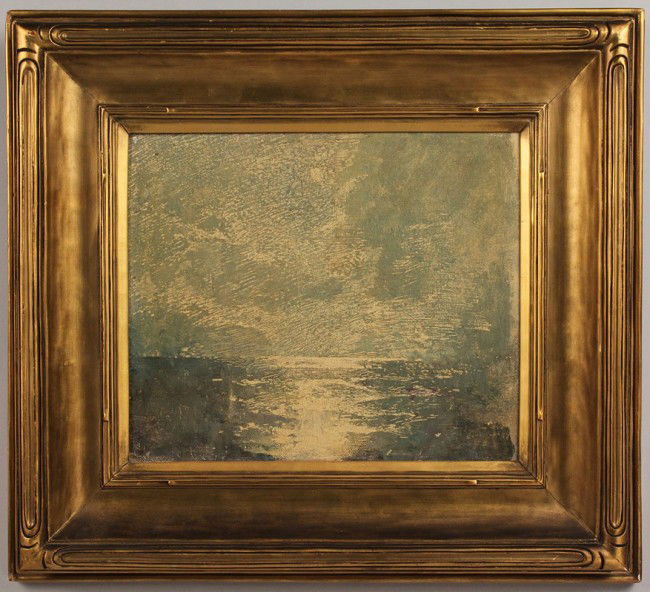 Impressionistic Oil on Board, poss. Emil Carlsen: Oil on board seascape with moonlight on water, signed lower right with a signature possibly of Emil Carlsen (American, 1848-1932). Period giltwood frame. Painting in very good condition with minor cra