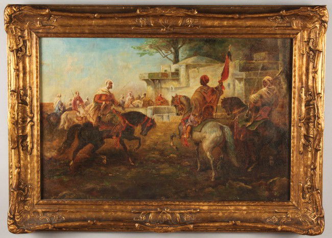 19th c. Orientalist Painting, style of Schreyer: Orientalist / Arabian oil on canvas painting in the style of Adolf Schreyer (German, 1828-1899), depicting Arab warriors on horseback riding into a Middle Eastern town. Period giltwood and composition