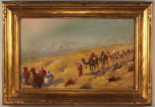 Orientalist painting, desert landscape with carava: Orientalist / Arabian oil on canvas painting in the style of Eugene Delacroix (French, 1798-1863), depicting a caravan of Bedouins on camels in a desert landscape. Illegibly signed lower right, "Mahia